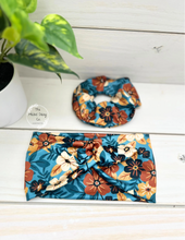 Load image into Gallery viewer, Vibrant Blue Fall Flowers Front Knot Headband