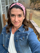 Load image into Gallery viewer, Black Hearts on Pink Front Knot Headband