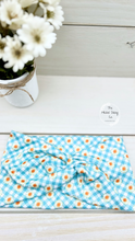 Load image into Gallery viewer, Blue Gingham Daisies Front Knot Headband