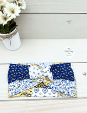 Load image into Gallery viewer, Blue Mustard Patchwork Front Knot Headband