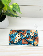 Load image into Gallery viewer, Vibrant Blue Fall Flowers Front Knot Headband