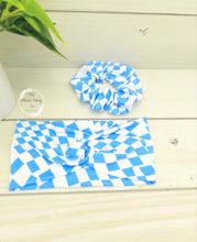 Load image into Gallery viewer, Blue Geo Checkers Front Knot Headband