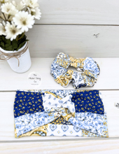 Load image into Gallery viewer, Blue Mustard Patchwork Front Knot Headband