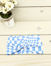 Load image into Gallery viewer, Blue Geo Checkers Front Knot Headband
