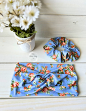Load image into Gallery viewer, Cornflower Blue Orange Floral Front Knot Headband