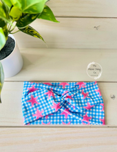 Load image into Gallery viewer, Blue Gingham Pink Star Front Knot Headband