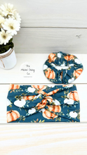 Load image into Gallery viewer, Pumpkins on Blue Scrunchie
