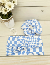 Load image into Gallery viewer, Blue Geo Checkers Front Knot Headband
