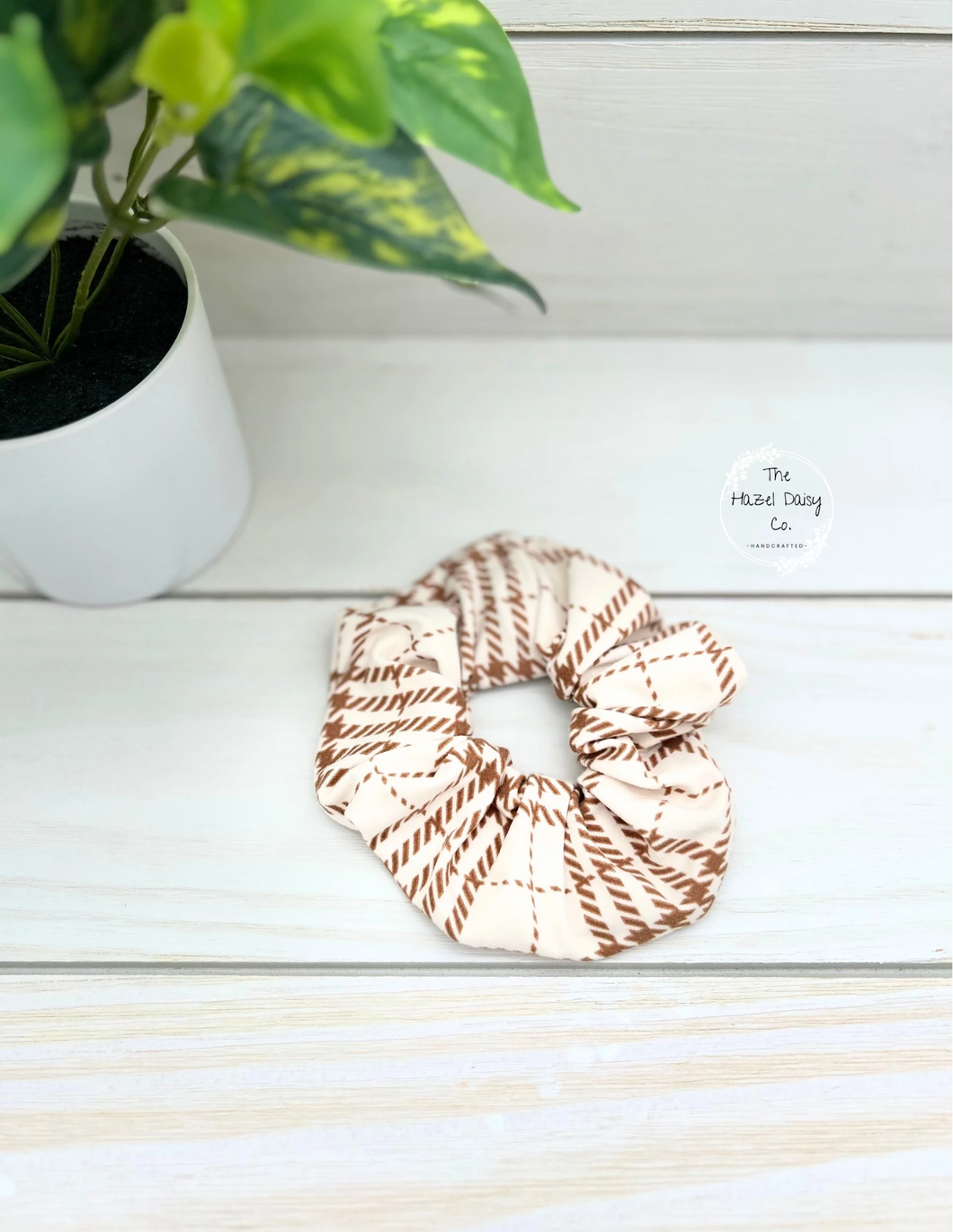 Cream Brown Plaid Scrunchie