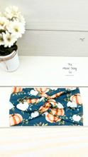 Load image into Gallery viewer, Pumpkins on Blue Front Knot Headband
