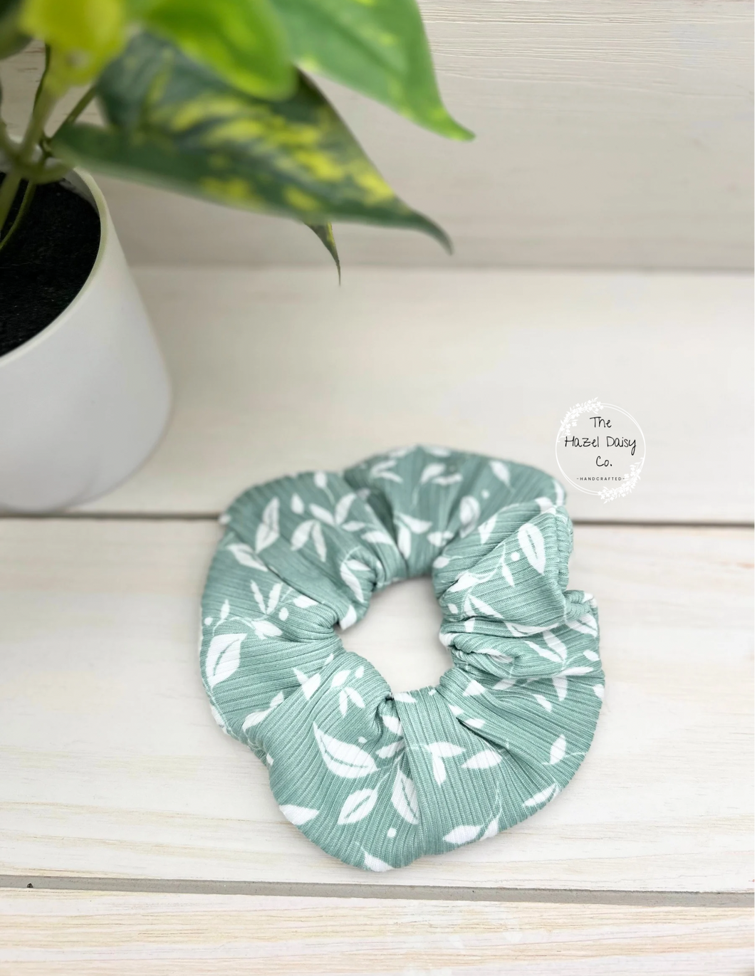 Sage and White Leaves Scrunchie