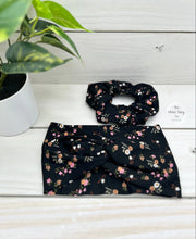 Load image into Gallery viewer, Pink Orange White Flowers on Black Scrunchie
