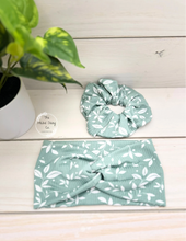 Load image into Gallery viewer, Sage and White Leaves Scrunchie
