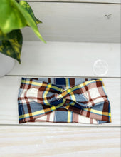 Load image into Gallery viewer, Navy Brown Plaid Front Knot Headband
