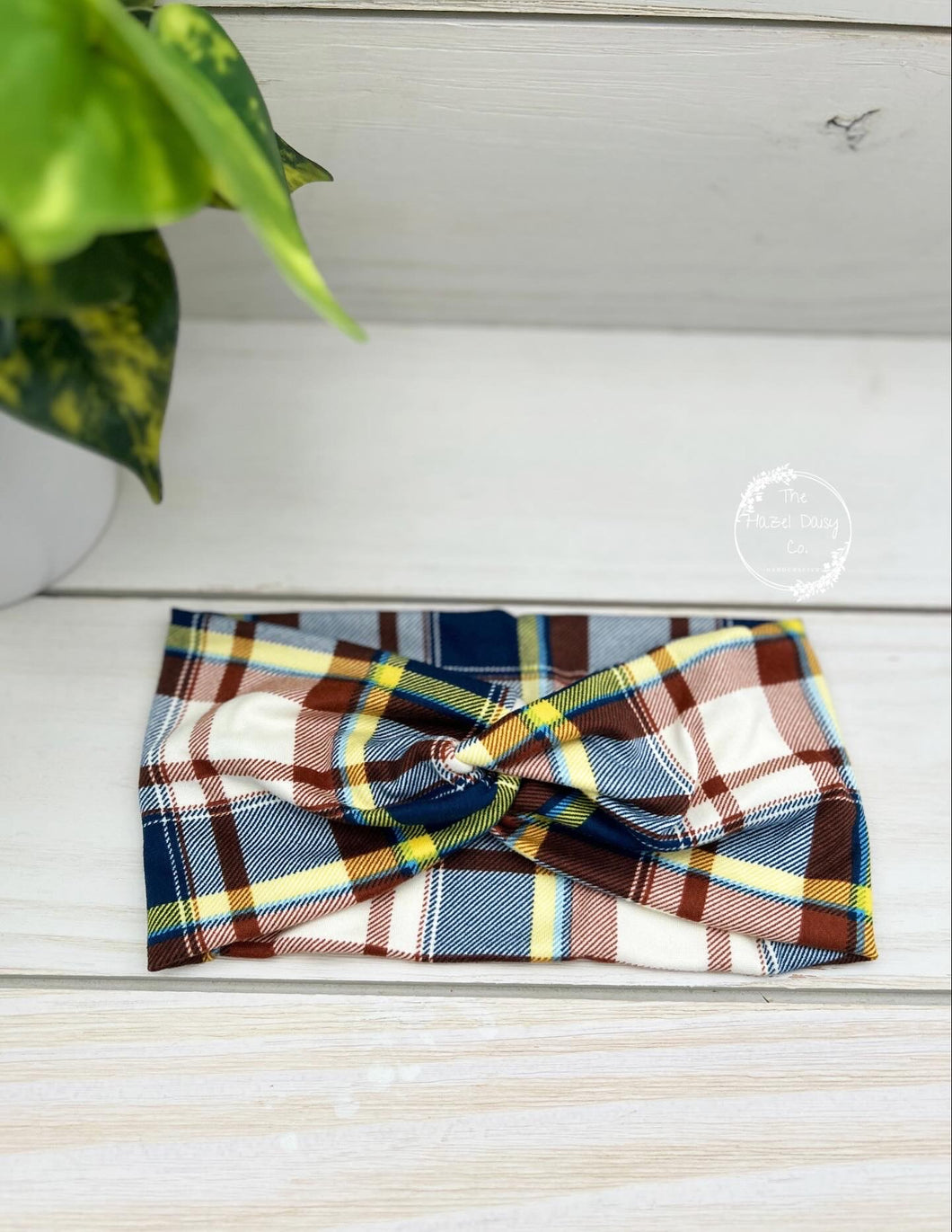 Navy Brown Plaid Front Knot Headband