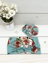Load image into Gallery viewer, Vintage Teal Blooms Front Knot Headband
