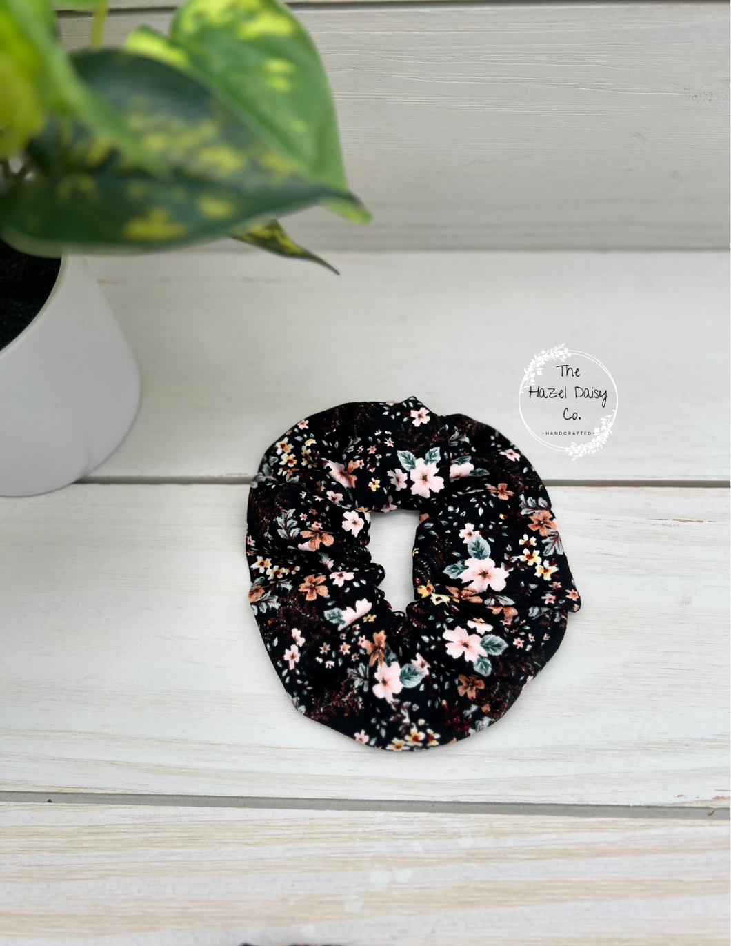 Hawaiian Flowers on Black Scrunchie