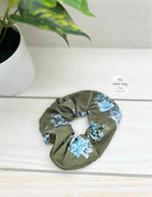 Load image into Gallery viewer, Blue Roses on Olive Scrunchie
