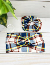 Load image into Gallery viewer, Navy Brown Plaid Front Knot Headband

