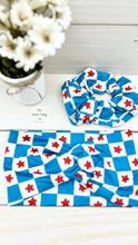 Load image into Gallery viewer, Red Stars on Blue Checkered Scrunchie
