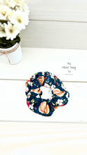 Load image into Gallery viewer, Pumpkins &amp; Flowers on Navy Scrunchie
