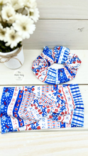 Load image into Gallery viewer, Patriotic Flowers and Stripes Scrunchie
