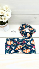 Load image into Gallery viewer, Pumpkins &amp; Flowers on Navy Front Knot Headband
