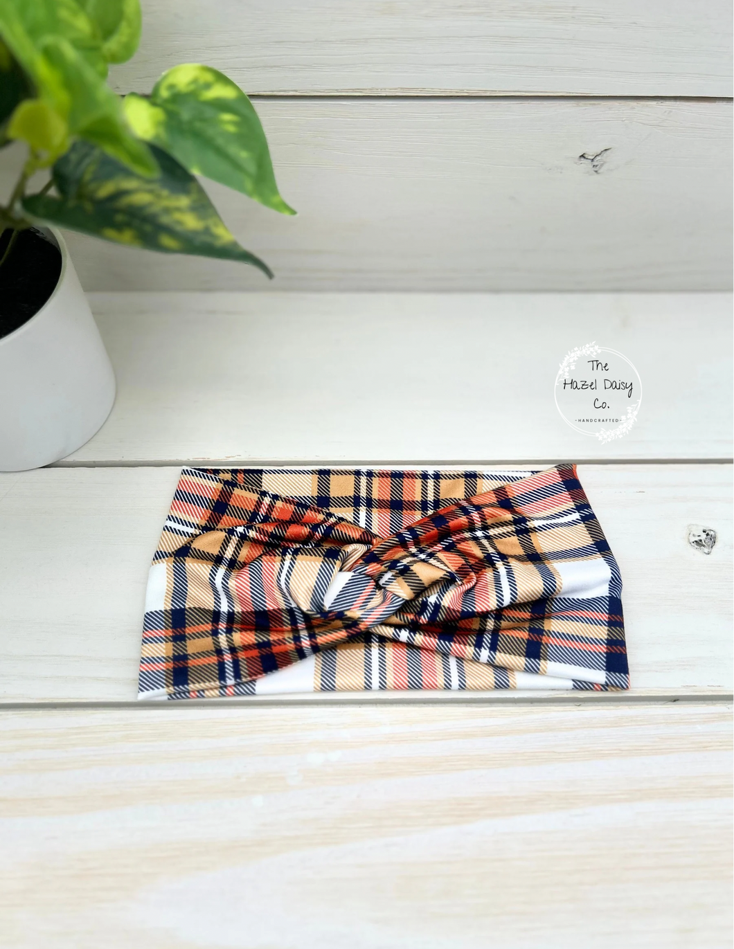 Navy Orange Plaid Front Knot Headband