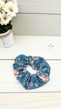 Load image into Gallery viewer, Muted Denim Blue Botanical Scrunchie
