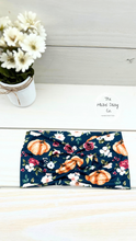 Load image into Gallery viewer, Pumpkins &amp; Flowers on Navy Front Knot Headband
