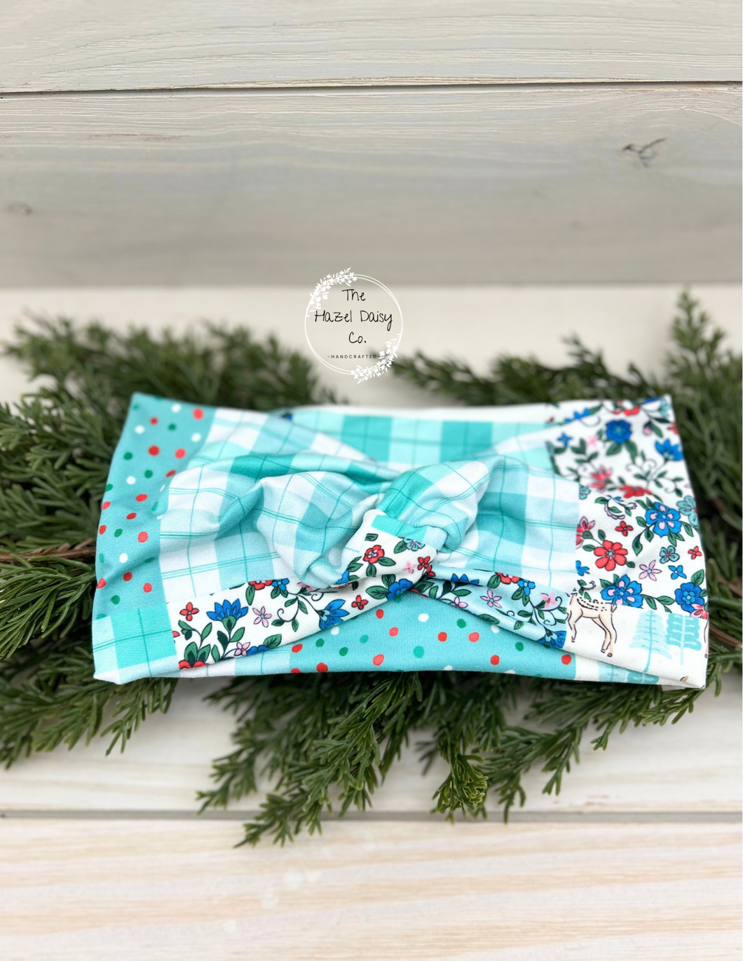 Blue Christmas Patchwork Front Knot Headband