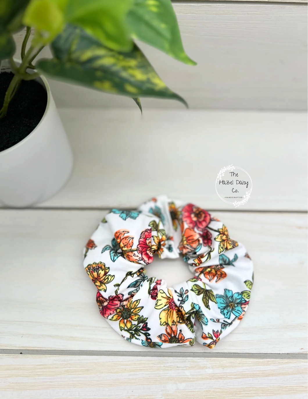 Bright Botanical on White Scrunchie