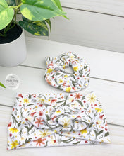 Load image into Gallery viewer, Coral Olive Yellow Botanical Scrunchie
