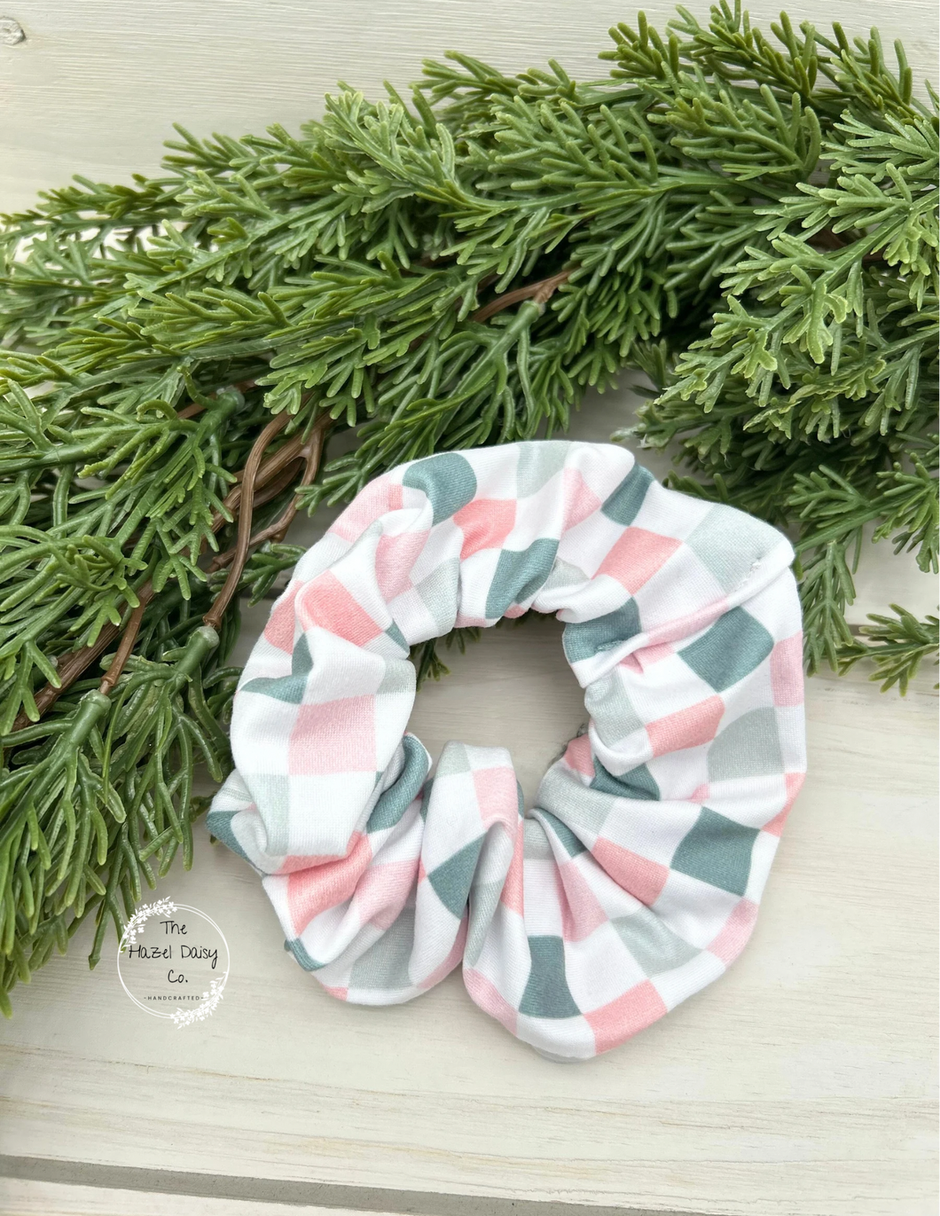 Vintage Christmas Pink Green Checker Scrunchie