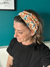 Load image into Gallery viewer, Ribbed Retro Flowers Blue and Orange on Ivory Front Knot Headband
