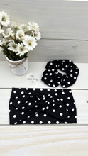 Load image into Gallery viewer, Black and White Polka Dot Scrunchie
