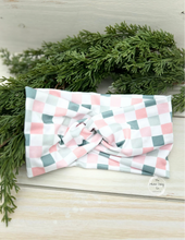 Load image into Gallery viewer, Vintage Christmas Pink Green Checkers Front Knot Headband
