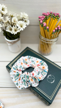 Load image into Gallery viewer, Books Pencils Flowers Scrunchie
