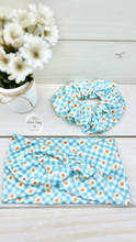 Load image into Gallery viewer, Blue Gingham Daisies Scrunchie
