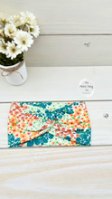 Load image into Gallery viewer, Teal Orange Green Flowers Front Knot Headband
