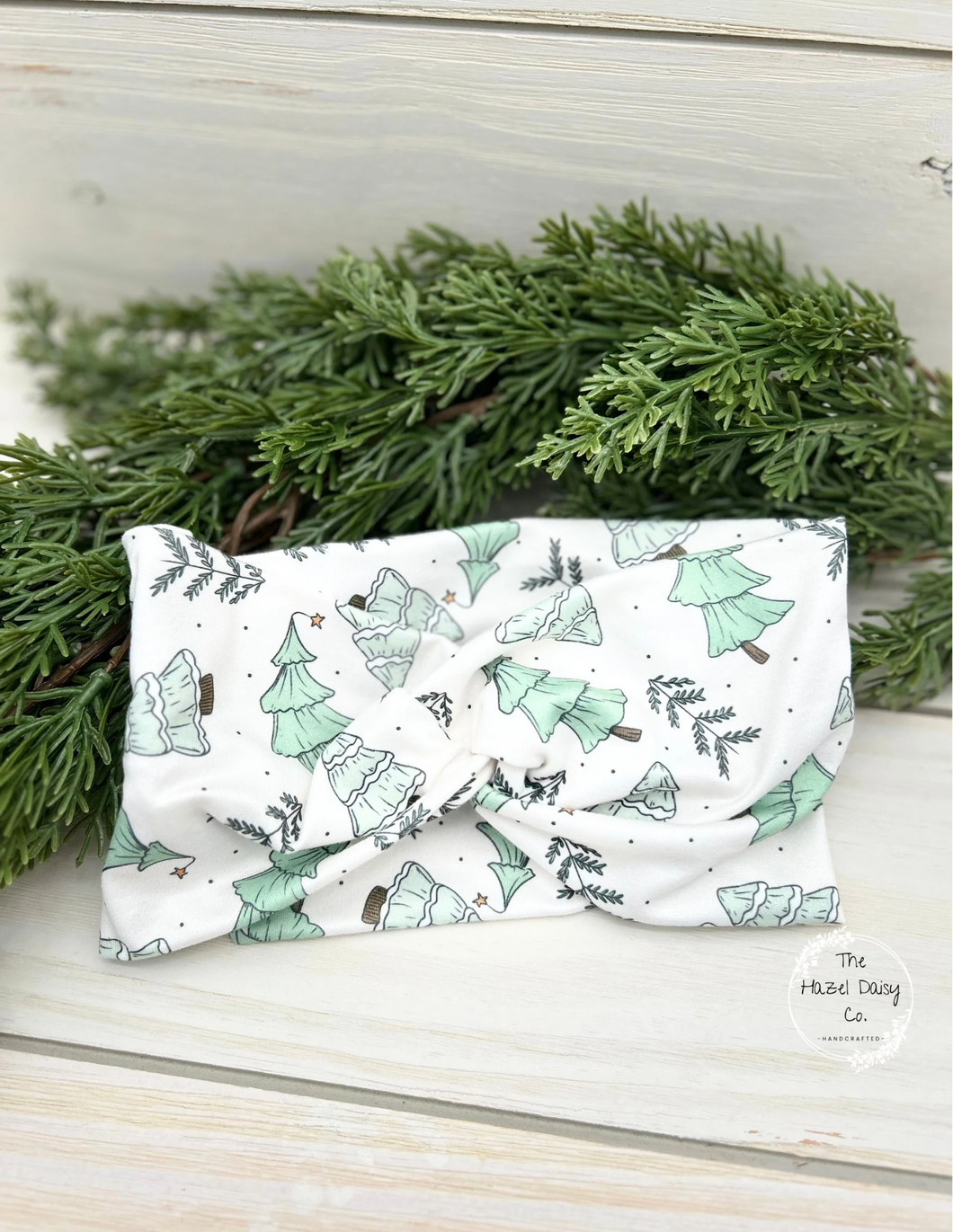 Snowy Evergreen Trees Front Knot Headband