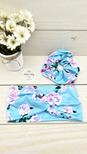 Load image into Gallery viewer, Pink Purple Floral on Aqua Scrunchie
