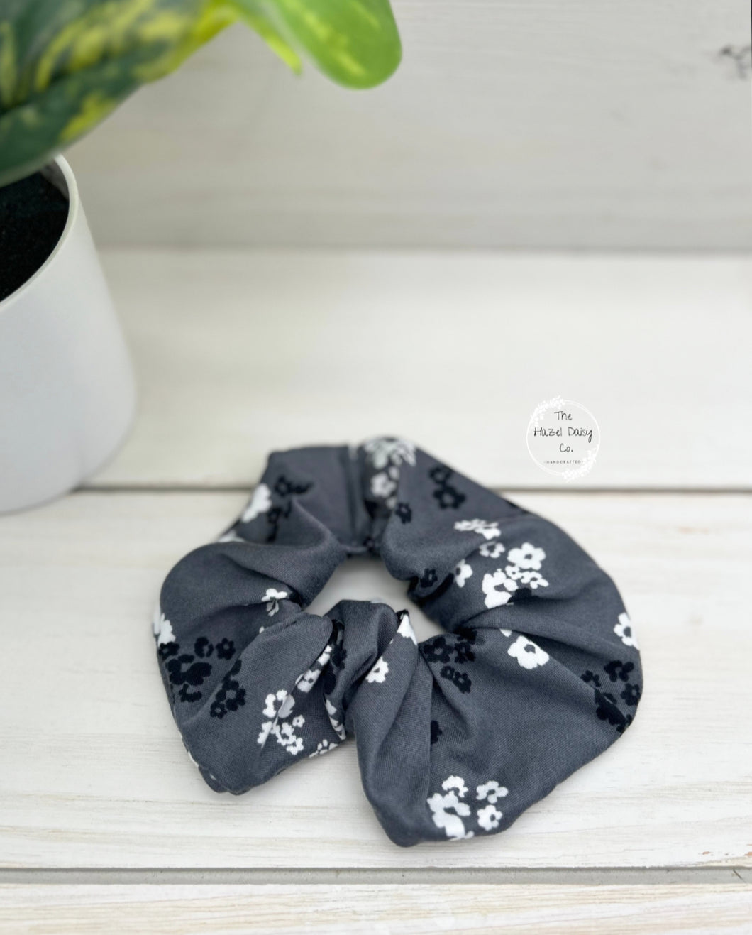 Black and White Flowers on Charcoal Scrunchie