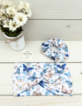 Load image into Gallery viewer, Blue Brown Butterflies Scrunchie
