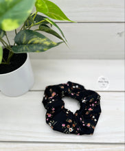 Load image into Gallery viewer, Pink Orange White Flowers on Black Scrunchie
