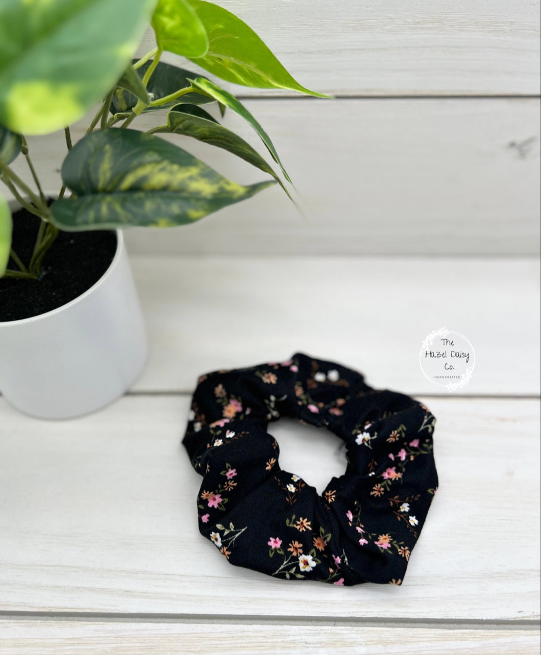 Pink Orange White Flowers on Black Scrunchie