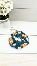 Load image into Gallery viewer, Pumpkins on Blue Scrunchie
