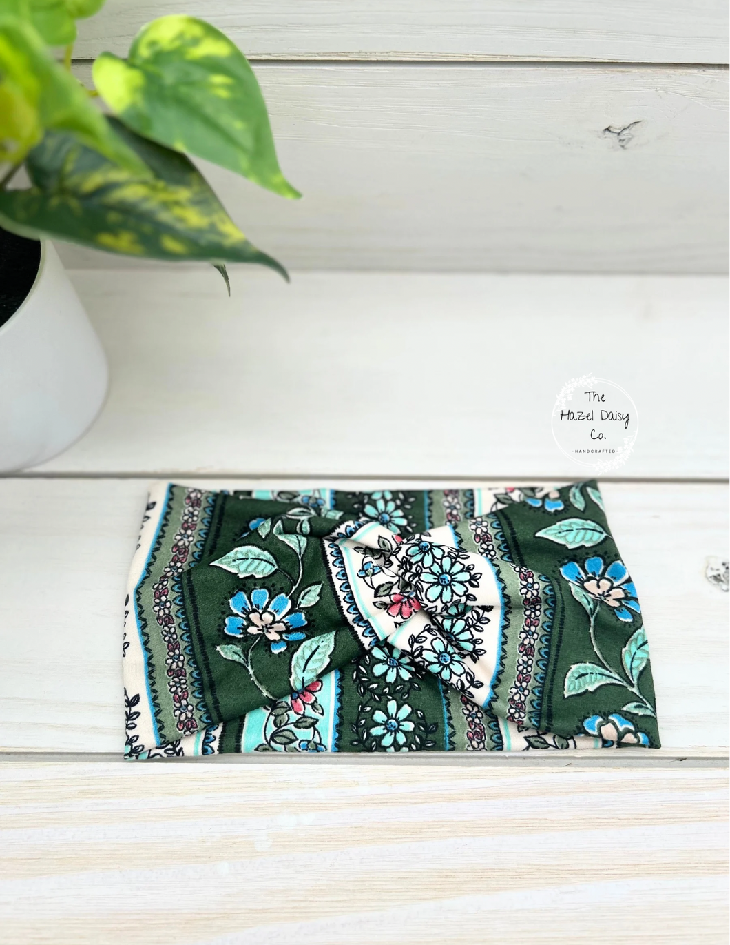 Green Boho Florals Front Knot Headband