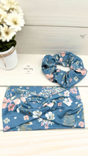 Load image into Gallery viewer, Muted Denim Blue Botanical Scrunchie
