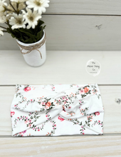 Load image into Gallery viewer, Pink Coral Purple Floral on Ivory Front Knot Headband
